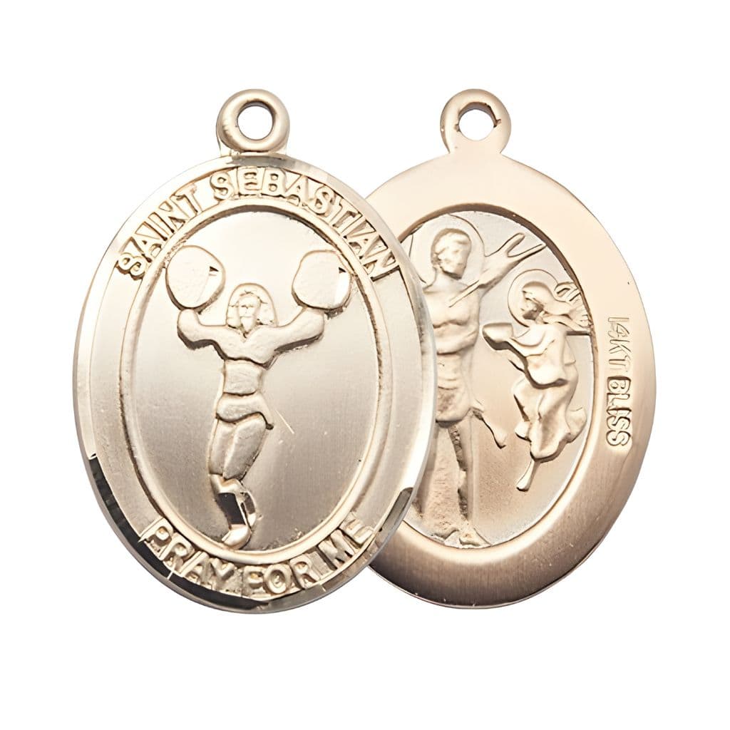 Bliss St. Sebastian Cheerleading 14kt Gold Oval Medal in a Gift Box, Measures 1-inch tall by 3/4-inch wide.