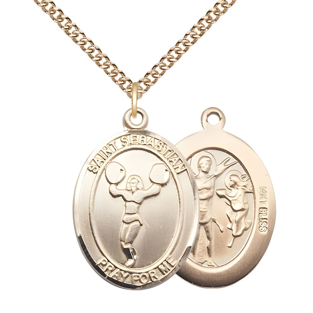 Bliss St. Sebastian Cheerleading 14kt Gold Oval Medal with 14kt Gold Chain in a Gift Box, Measures 1-inch tall by 3/4-inch wide.