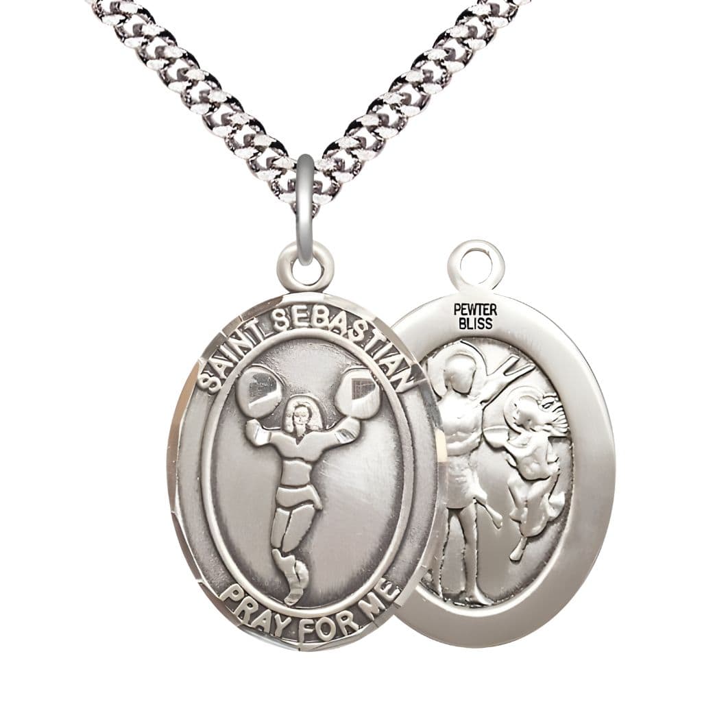 Bliss St. Sebastian Cheerleading Pewter Oval Medal with a Plated Chain in a Gift Box, Measures 1-inch tall by 3/4-inch wide.