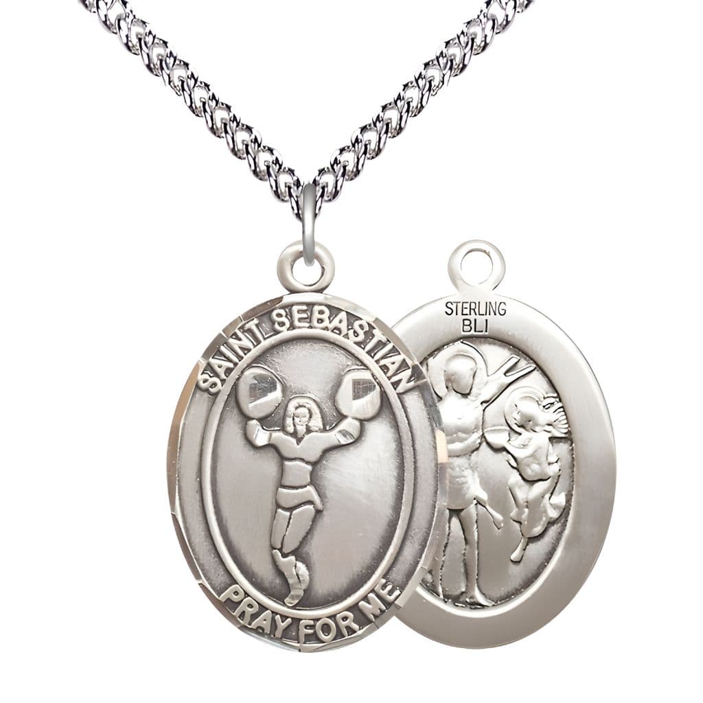 Bliss St. Sebastian Cheerleading Sterling Silver Oval Medal with a Sterling Silver Chain in a Gift Box, Measures 1-inch tall by 3/4-inch wide.