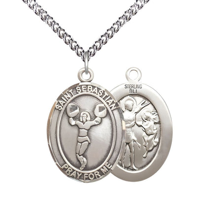 St. Sebastian Cheerleading Sterling Silver Oval Medal with a Sterling Silver Chain in a Gift Box, Measures 1-inch tall by 3/4-inch wide, Bliss Manufacturing