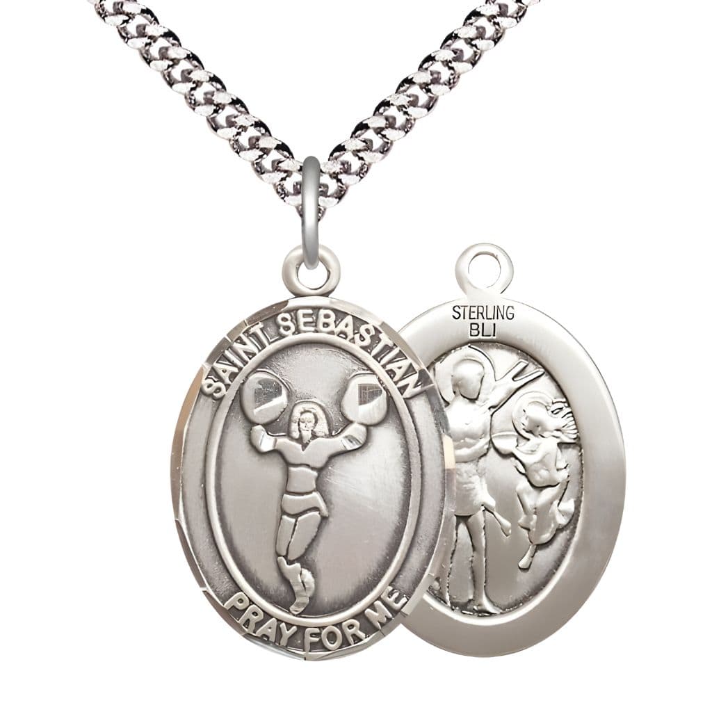 Bliss St. Sebastian Cheerleading Sterling Silver Oval Medal with a Plated Chain in a Gift Box, Measures 1-inch tall by 3/4-inch wide.