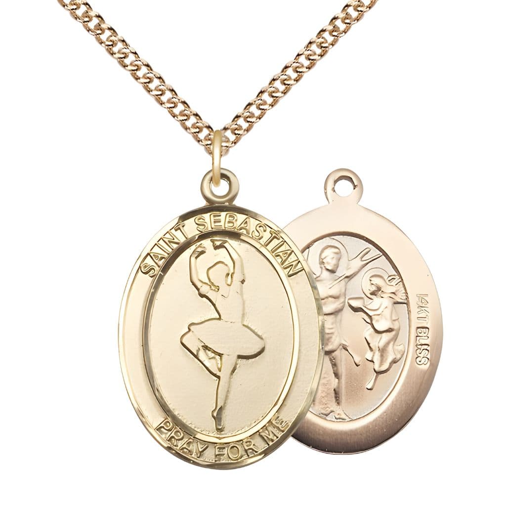 St. Sebastian Ballerina Dance 14kt Gold Oval Medal with 14kt Gold Curb Chain, Measures 1-inch x 3/4-inch, Made in USA by Bliss
