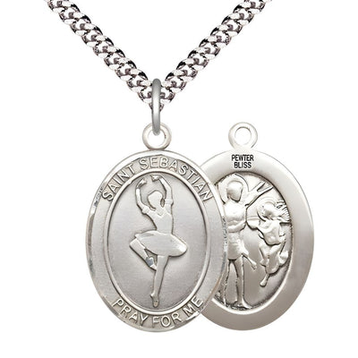 St. Sebastian Ballerina Dance Pewter Oval Medal with Rhodium-plated Heavy Curb Chain, Measures 1-inch tall by 3/4-inch wide, Bliss Manufacturing