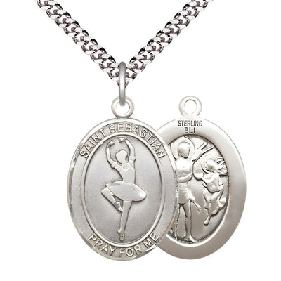 St. Sebastian Ballerina Dance Sterling Silver Oval Medal with Plated Curb Chain, Measures 1-inch x 3/4-inch, Bliss Manufacturing