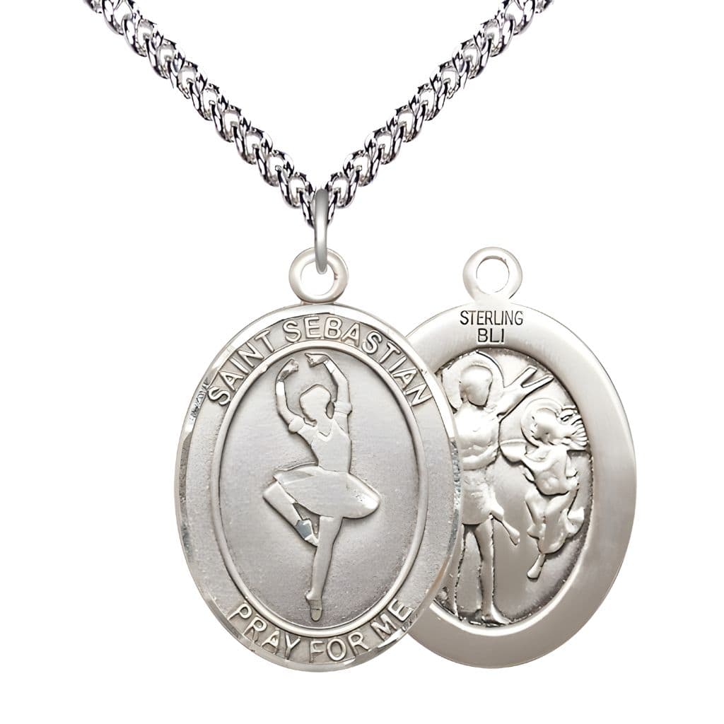 St. Sebastian Ballerina Dance Sterling Silver Oval Medal with Sterling Silver Curb Chain, Measures 1-inch x 3/4-inch, Made in USA by Bliss