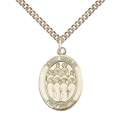 St. Cecilia Choir 14kt Gold Oval Medal with 14kt Gold Curb Chain, 1-inch tall by 3/4-inch wide, Bliss Manufacturing