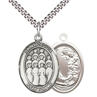 St. Cecilia Choir Sterling Silver Large Oval Medal Necklace with Plated Chain, 1-inch tall by 3/4-inch wide, Bliss Manufacturing