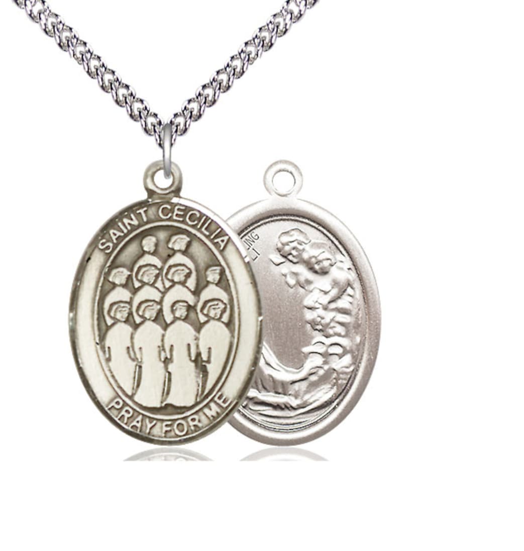 Bliss St Cecilia Choir Sterling Silver Large Oval Medal Necklace with Sterling Silver Chain,