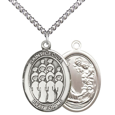 St. Cecilia Choir Sterling Silver Large Oval Medal Necklace with Sterling Silver Chain, 1-inch tall by 3/4-inch wide, Bliss Manufacturing