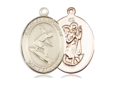 Saint Christopher Surfing Catholic Patron Saint Medal, 14kt gold, Bliss Manufacturing