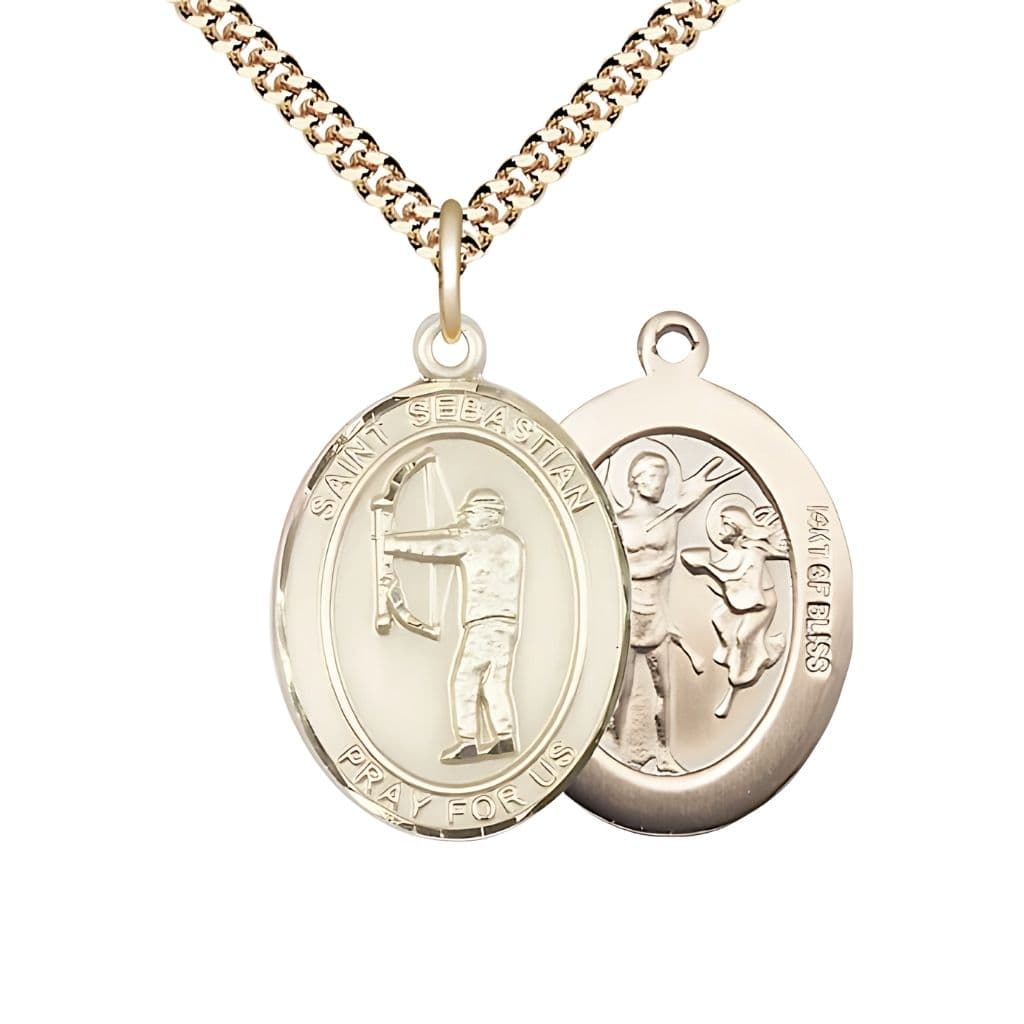 St. Sebastian Archery 14kt Gold-filled Oval Medal with Gold-plated Curb Chain, Measures 1-inch x 3/4-inch, Made in USA by Bliss