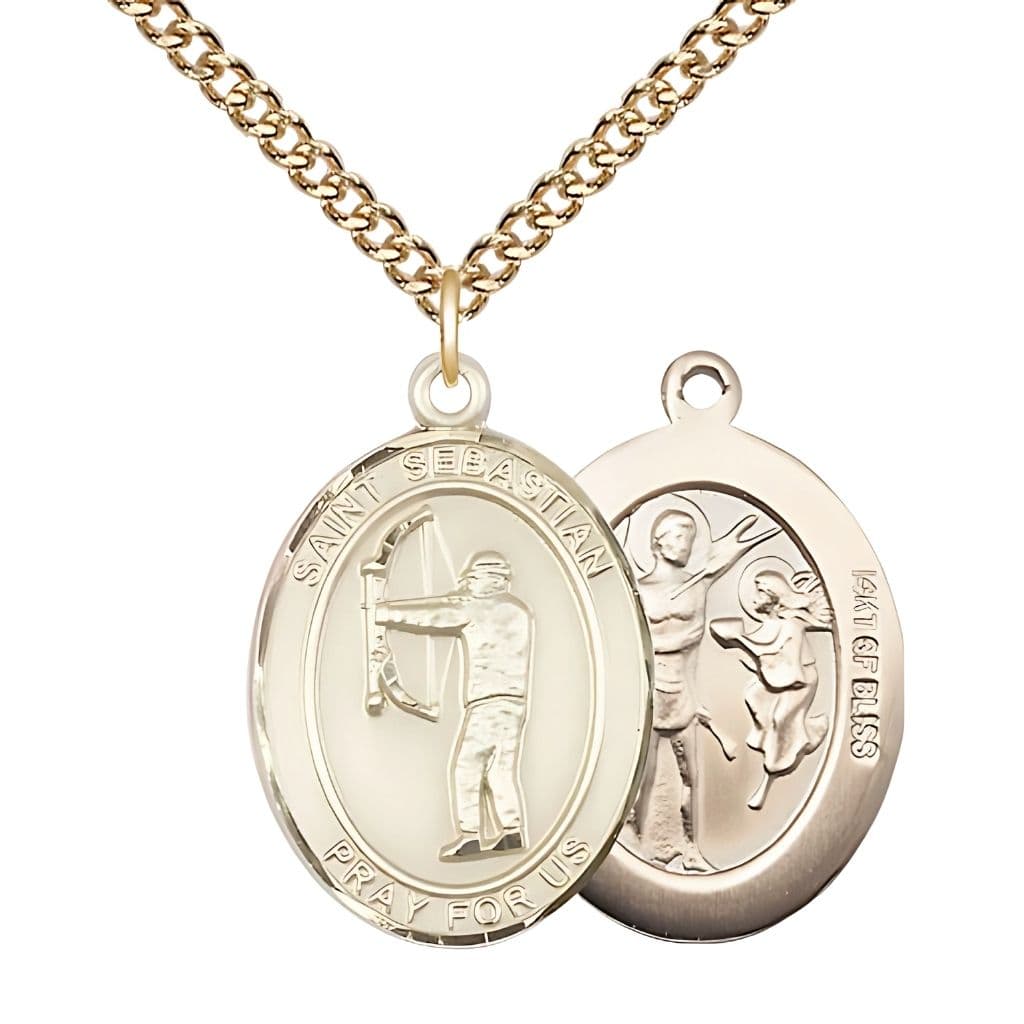 St. Sebastian Archery 14kt Gold-filled Oval Medal with Gold-filled Curb Chain, Measures 1-inch x 3/4-inch, Made in USA by Bliss