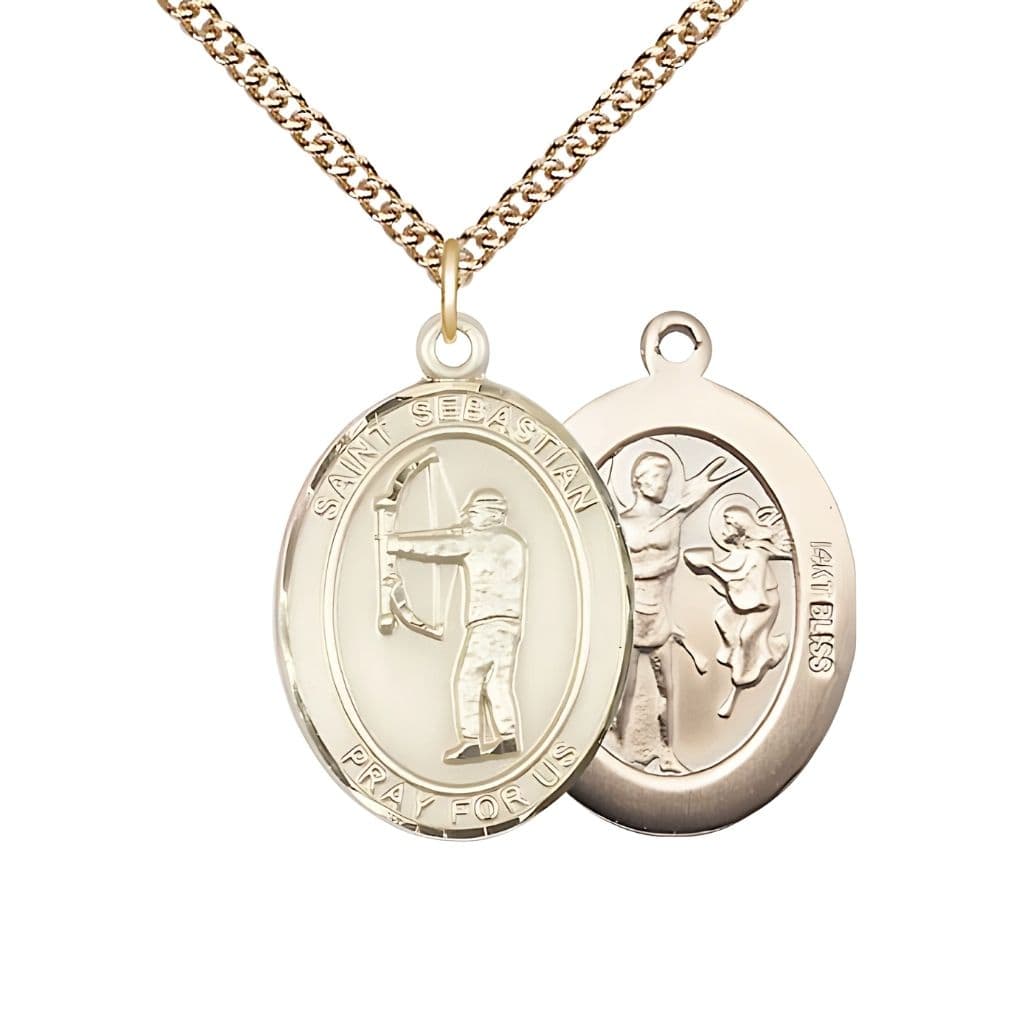 St. Sebastian Archery 14kt Gold Oval Medal with 14kt Gold Curb Chain, Measures 1-inch x 3/4-inch, Made in USA by Bliss