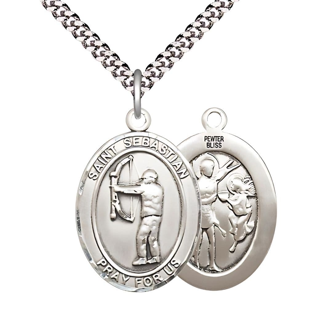 St. Sebastian Archery Pewter Oval Medal with Plated Curb Chain, Measures 1-inch x 3/4-inch, Made in USA by Bliss