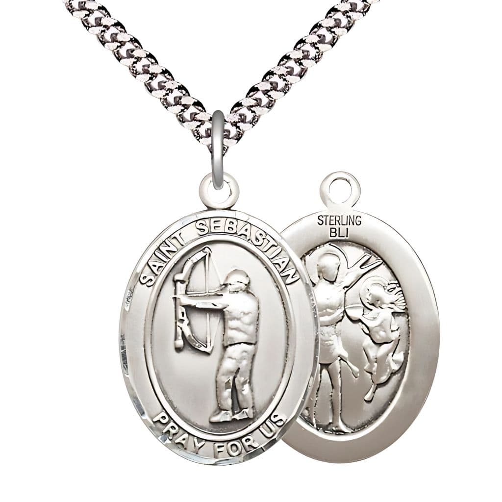St. Sebastian Archery Sterling Silver Oval Medal with Plated Curb Chain, Measures 1-inch x 3/4-inch, Made in USA by Bliss