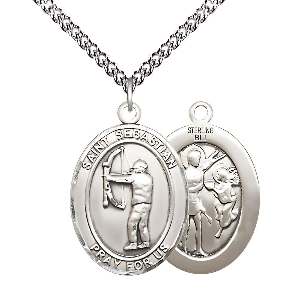 St. Sebastian Archery Sterling Silver Oval Medal with Sterling Curb Chain, Measures 1-inch x 3/4-inch, Made in USA by Bliss