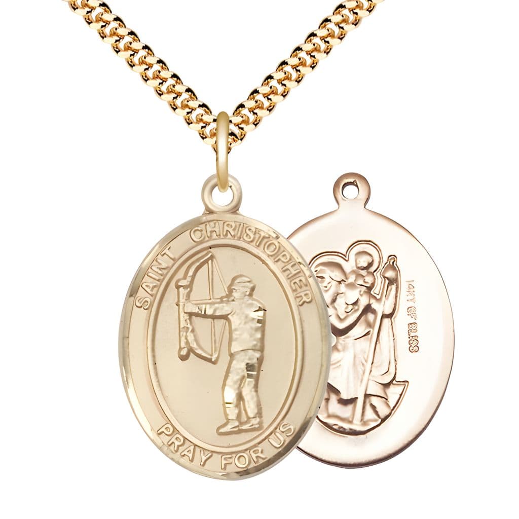 St. Christopher Archery 14kt Gold-filled Oval Medal with Gold-plated Curb Chain, Measures 1-inch x 3/4-inch, Made in USA by Bliss
