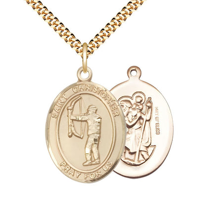 St. Christopher Archery 14kt Gold-filled Oval Medal with Gold-plated Curb Chain, Measures 1-inch x 3/4-inch, Bliss Manufacturing