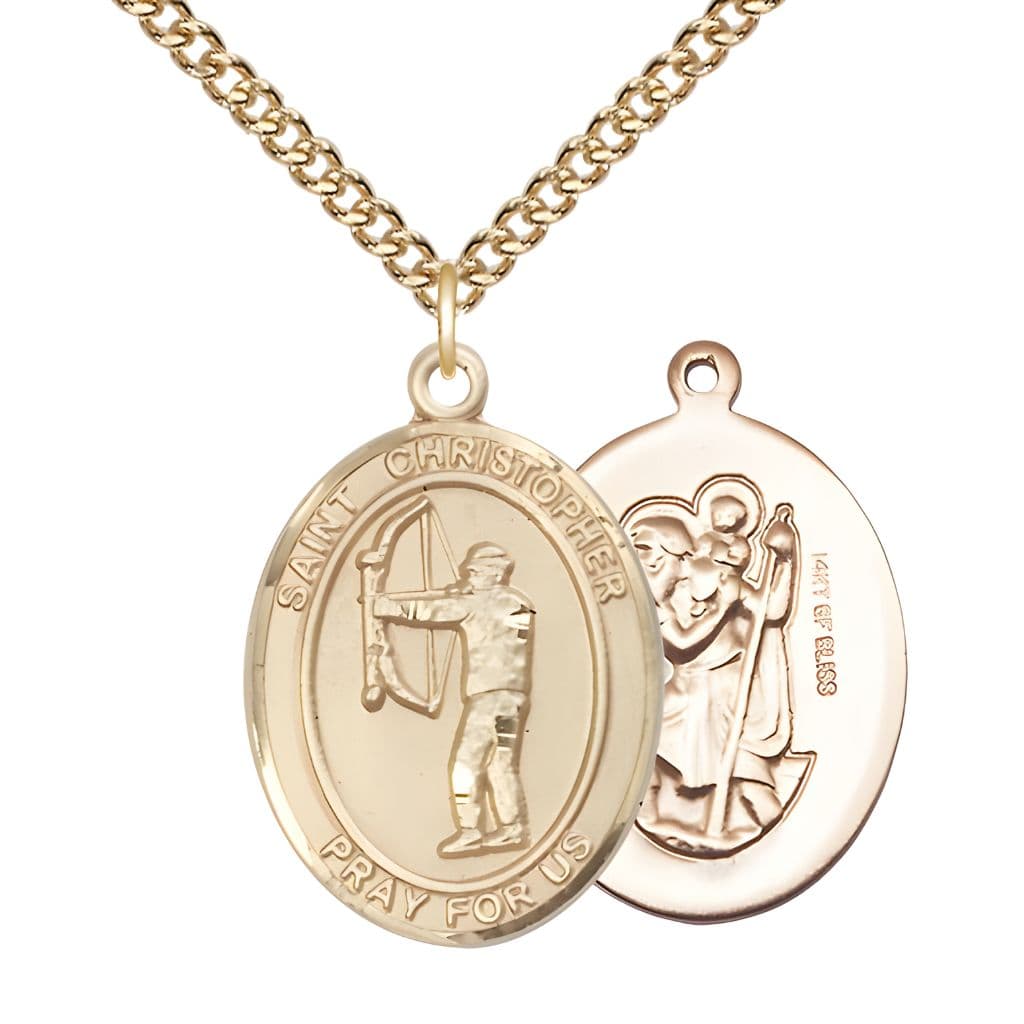 St. Christopher Archery 14kt Gold-filled Oval Medal with Gold-filled Curb Chain, Measures 1-inch x 3/4-inch, Made in USA by Bliss