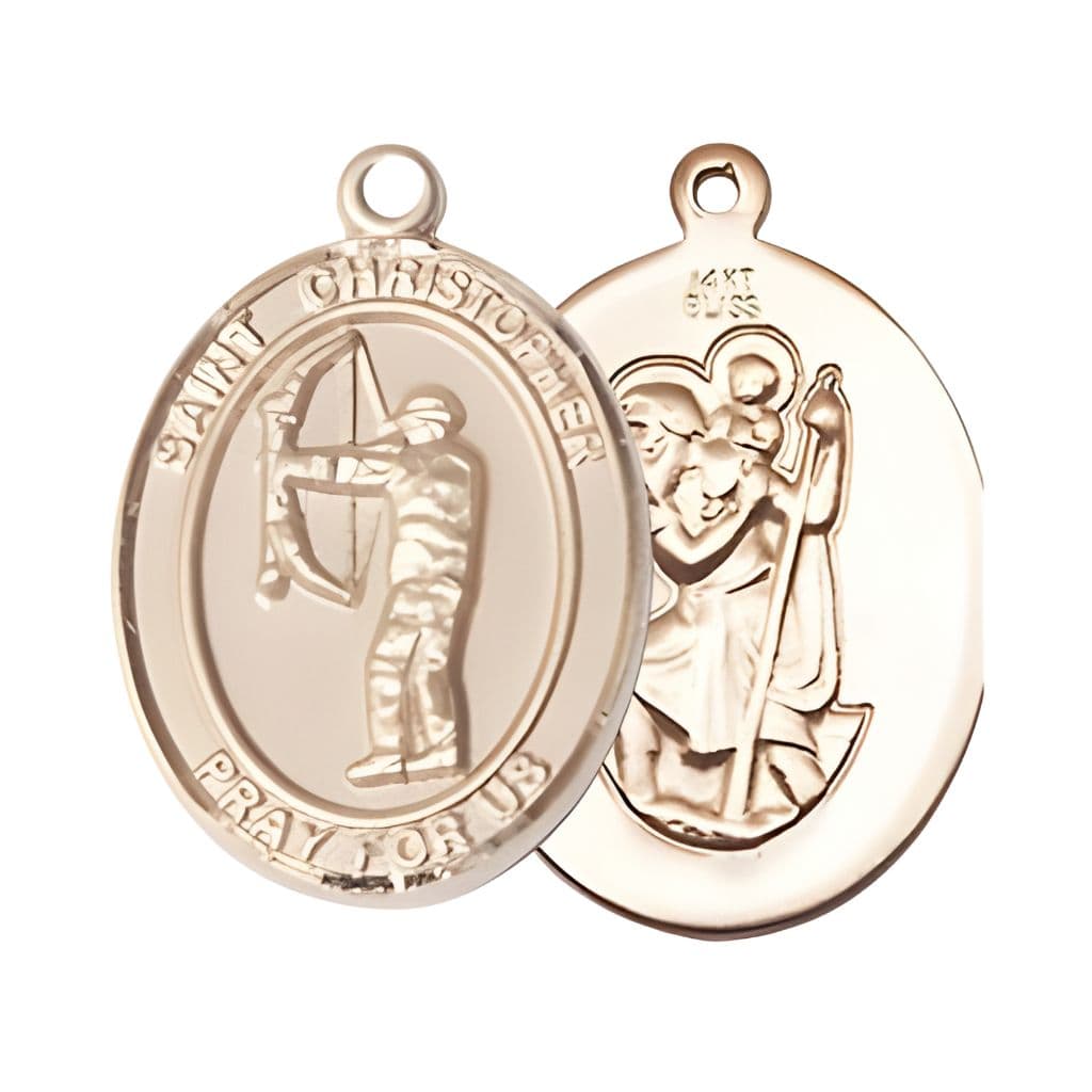 St. Christopher Archery 14kt Gold Oval Medal, Measures 1-inch x 3/4-inch, Made in USA by Bliss