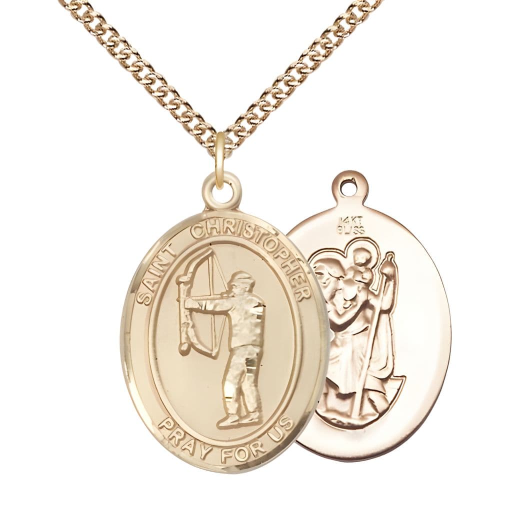 St. Christopher Archery 14kt Gold Oval Medal with 14kt Gold Curb Chain, Measures 1-inch x 3/4-inch, Made in USA by Bliss