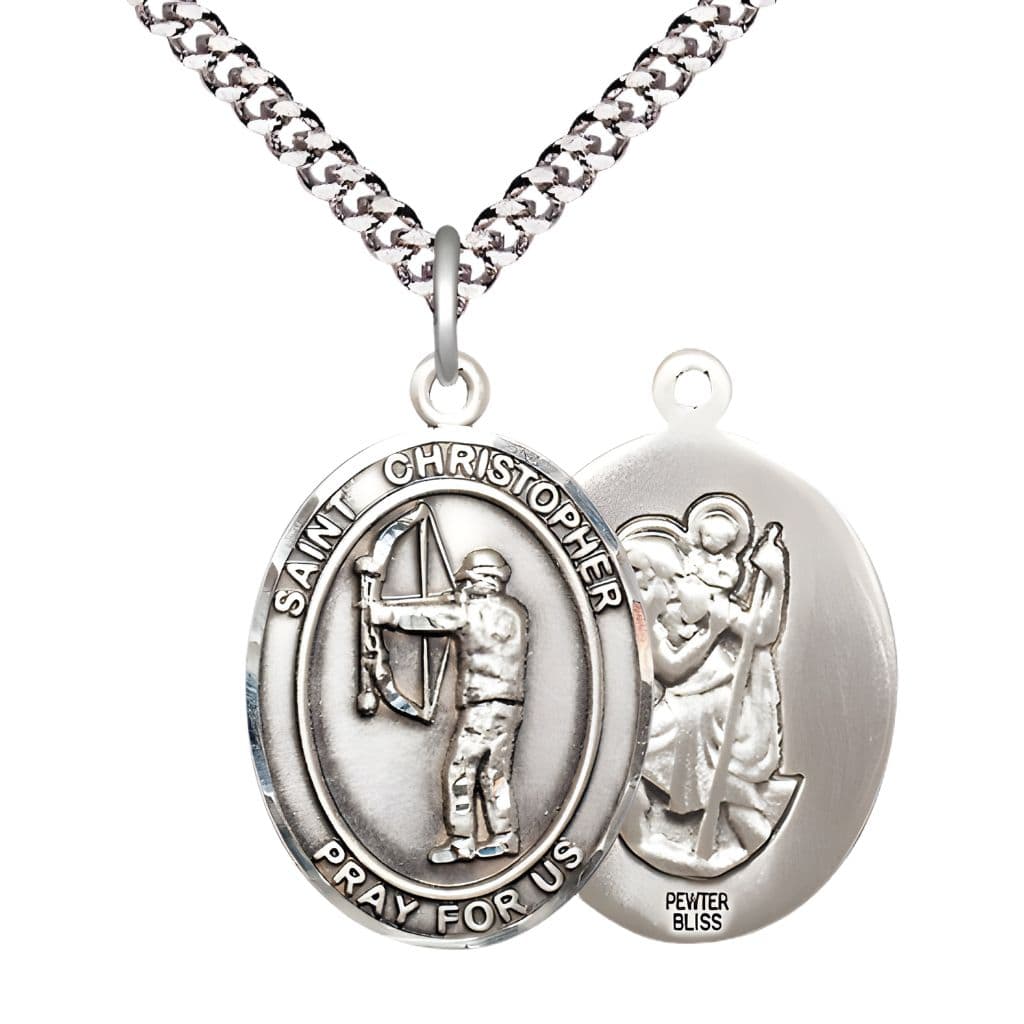 St. Christopher Archery Pewter Oval Medal with Plated Curb Chain, Measures 1-inch x 3/4-inch, Made in USA by Bliss