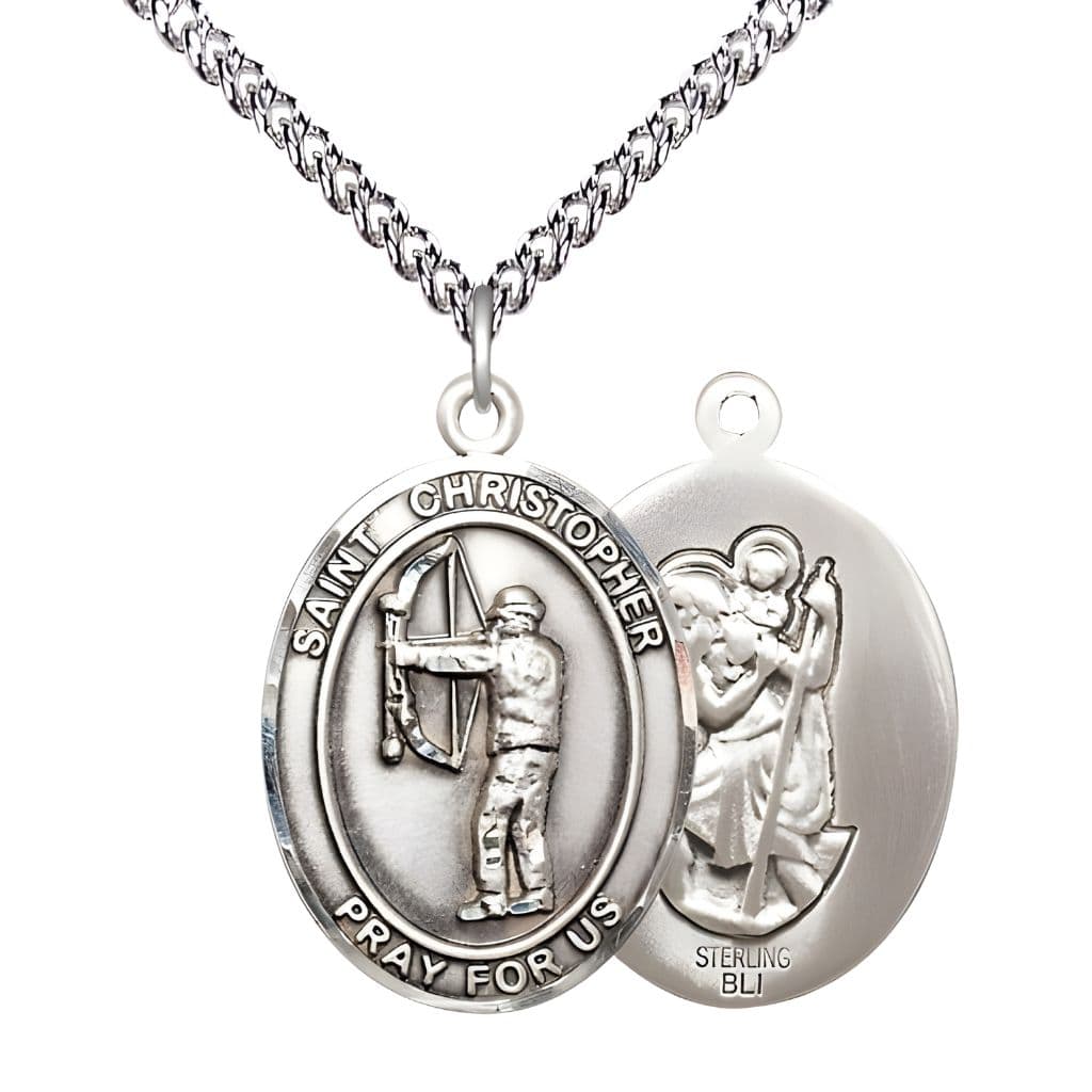 St. Christopher Archery Sterling Silver Oval Medal with Sterling Silver Curb Chain, Measures 1-inch x 3/4-inch, Made in USA by Bliss