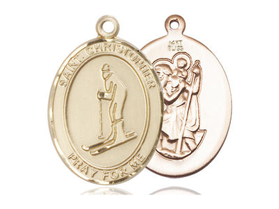 St Christopher Skiing Catholic Patron Saint Medal, 14kt gold, Bliss Manufacturing