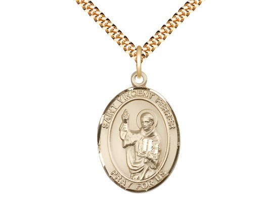 Bliss 14kt Gold Filled St Vincent Ferrer Pendant on a 24 inch Gold Plate Heavy Curb Chain,