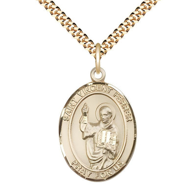 St. Vincent Ferrer 14kt Gold-filled Oval Medal Pendant with Gold-plated Chain, Measures 1-inch tall by 3/4-inch wide, Bliss Manufacturing