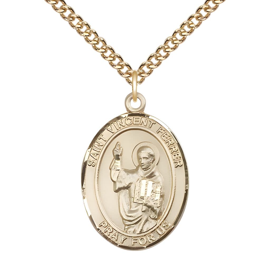 Bliss St. Vincent Ferrer 14kt Gold-filled Oval Medal Pendant with Gold-filled Chain, Measures 1-inch tall by 3/4-inch wide.