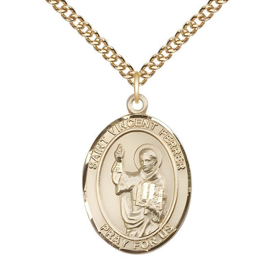 St. Vincent Ferrer 14kt Gold-filled Oval Medal Pendant with Gold-filled Chain, Measures 1-inch tall by 3/4-inch wide, Bliss Manufacturing