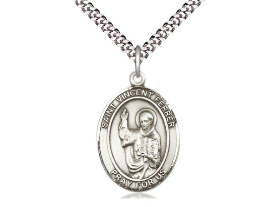 Bliss Pewter St Vincent Ferrer Pendant on a 24 inch Light Rhodium-plated Heavy Curb Chain