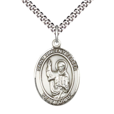 St. Vincent Ferrer Pewter Oval Medal Pendant with Rhodium-plated Chain, Measures 1-inch tall by 3/4-inch wide, Bliss Manufacturing