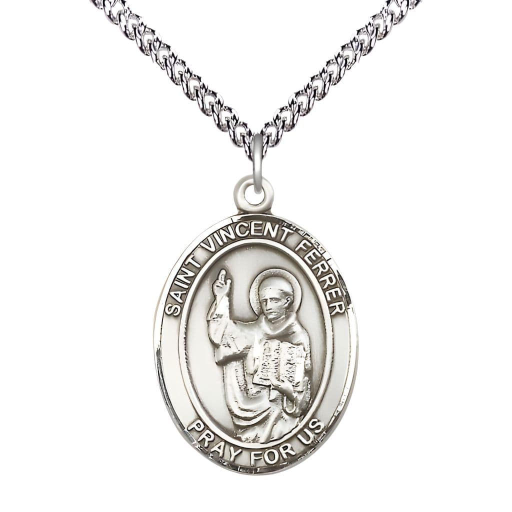 Bliss St. Vincent Ferrer Sterling Silver Oval Medal Pendant with Sterling Chain, Measures 1-inch tall by 3/4-inch wide.