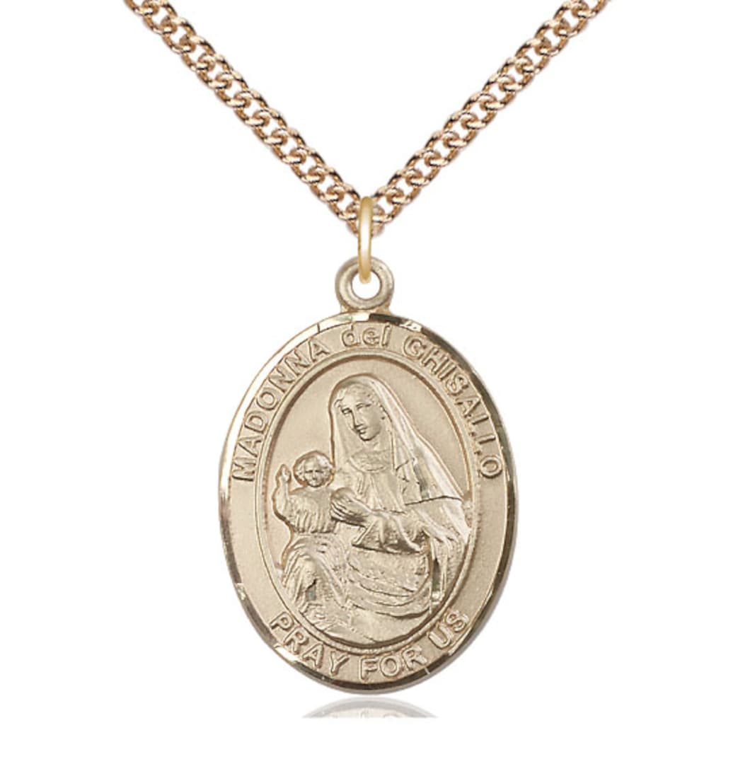 Large Bliss Madonna Del Ghisallo 14kt Gold Engravable Oval Medal Pendant with 14kt Gold Chain,