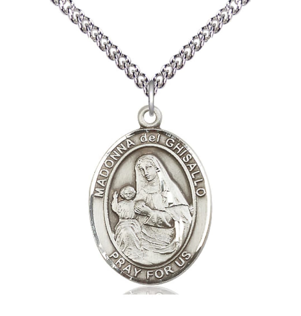 Bliss Large Madonna Del Ghisallo Sterling Silver Oval Engravable Medal Necklace with Sterling Chain,