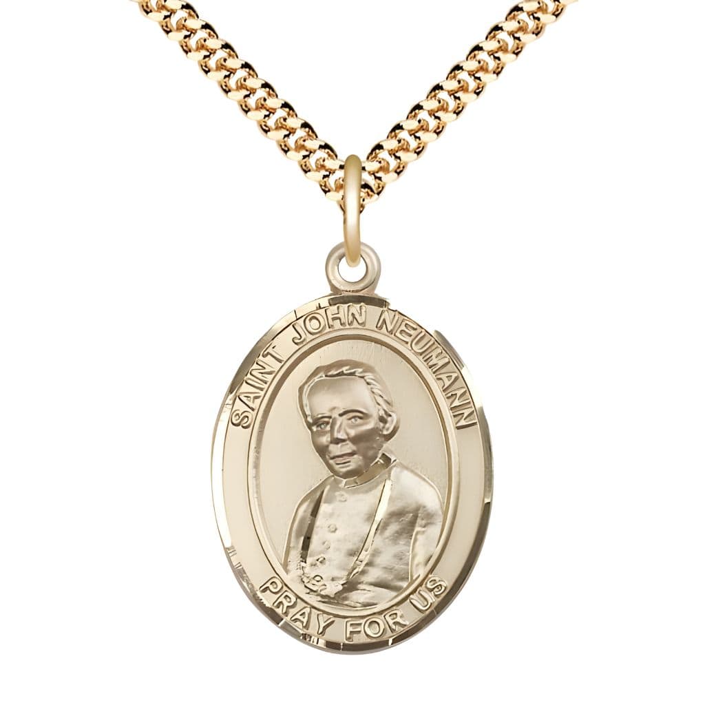 Bliss St. John Neumann 14kt Gold-filled Oval Medal Pendant with Gold-plated Chain, Measures 1-inch tall by 3/4-inch wide.