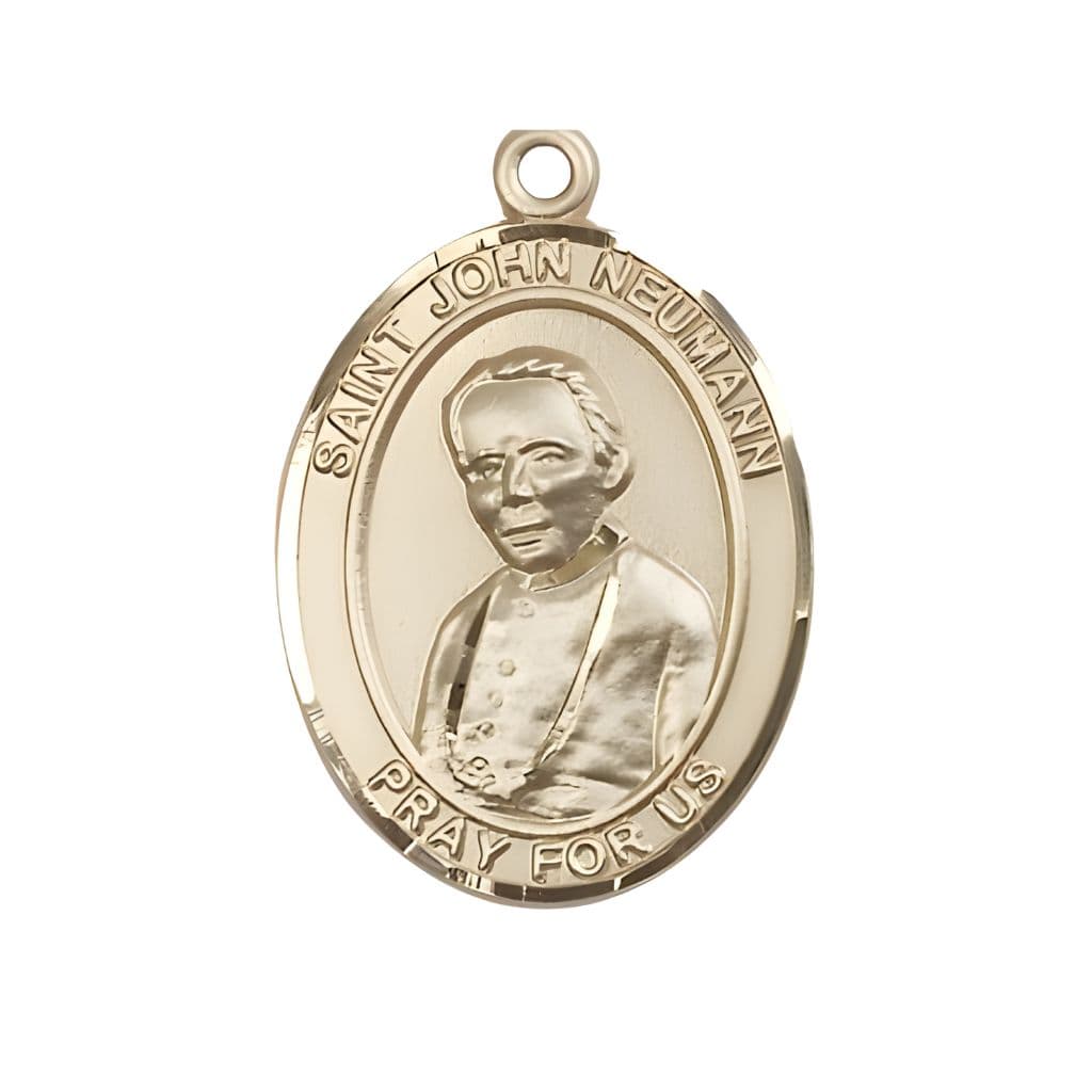 Bliss St. John Neumann 14kt Gold Oval Medal Pendant, Measures 1-inch tall by 3/4-inch wide.