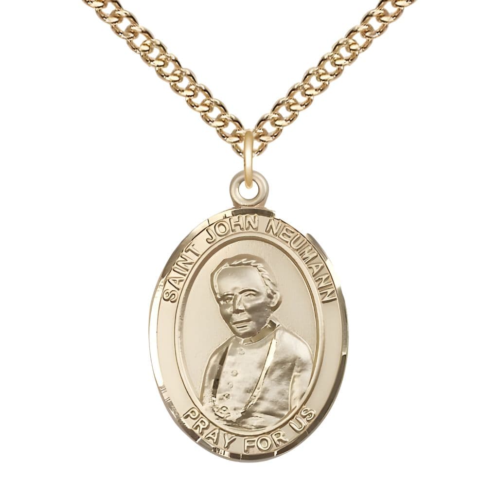 Bliss St. John Neumann 14kt Gold Oval Medal Pendant with 14kt Gold Chain, Measures 1-inch tall by 3/4-inch wide.