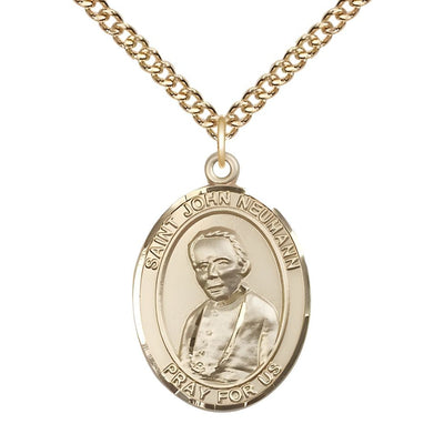 St. John Neumann 14kt Gold Oval Medal Pendant with 14kt Gold Chain, Measures 1-inch tall by 3/4-inch wide, Bliss Manufacturing