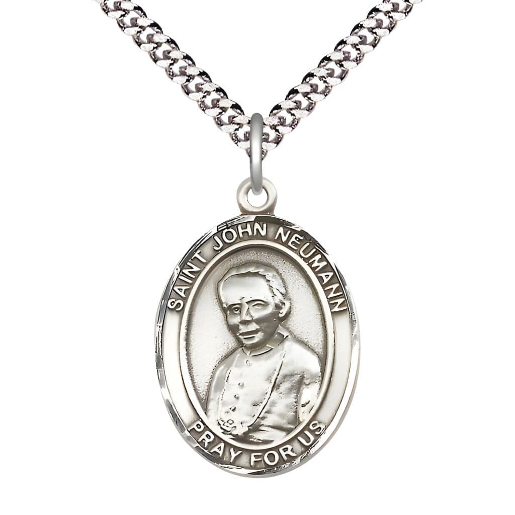 Bliss St. John Neumann Pewter Oval Medal Pendant with Rhodium-plated Chain, Measures 1-inch tall by 3/4-inch wide.