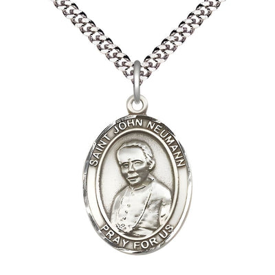 St. John Neumann Sterling Silver Oval Medal Pendant with Rhodium-plated Chain, Measures 1-inch tall by 3/4-inch wide, Bliss Manufacturing