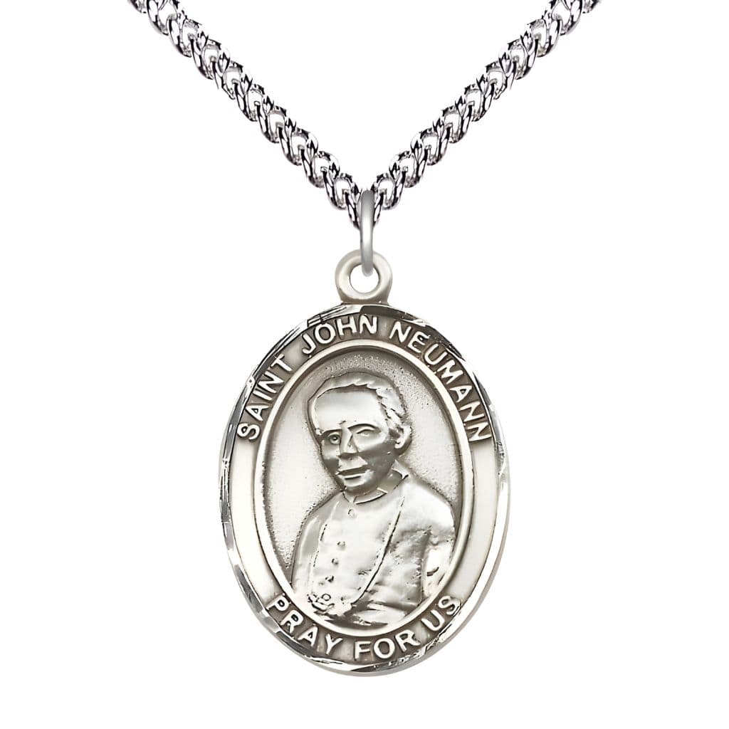 Bliss St. John Neumann Sterling Silver Oval Medal Pendant with Sterling Chain, Measures 1-inch tall by 3/4-inch wide.