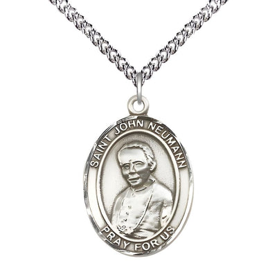 St. John Neumann Sterling Silver Oval Medal Pendant with Sterling Chain, Measures 1-inch tall by 3/4-inch wide, Bliss Manufacturing