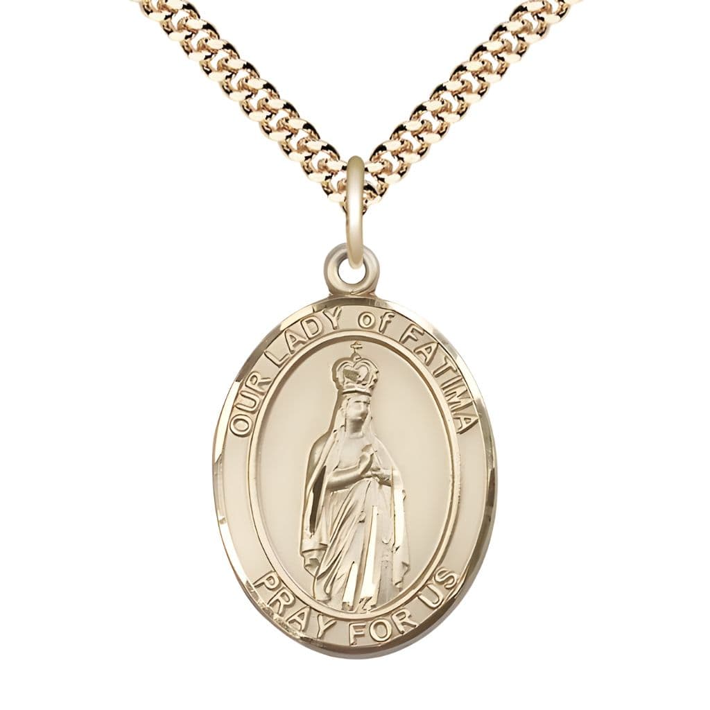 Bliss Our Lady of Fatima 14kt Gold-filled Oval Medal Pendant with Gold-plated Chain, Measures 1-inch tall by 3/4-inch wide. Deluxe Gift Box.