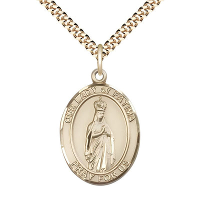 Our Lady of Fatima 14kt Gold-filled Oval Medal Pendant with Gold-plated Chain, Measures 1-inch tall by 3/4-inch wide. Deluxe Gift Box, Bliss Manufacturing