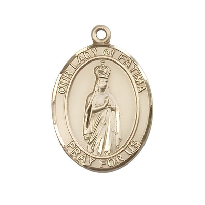 Our Lady of Fatima 14kt Gold Oval Medal Pendant, Measures 1-inch tall by 3/4-inch wide. Deluxe Gift Box, Bliss Manufacturing