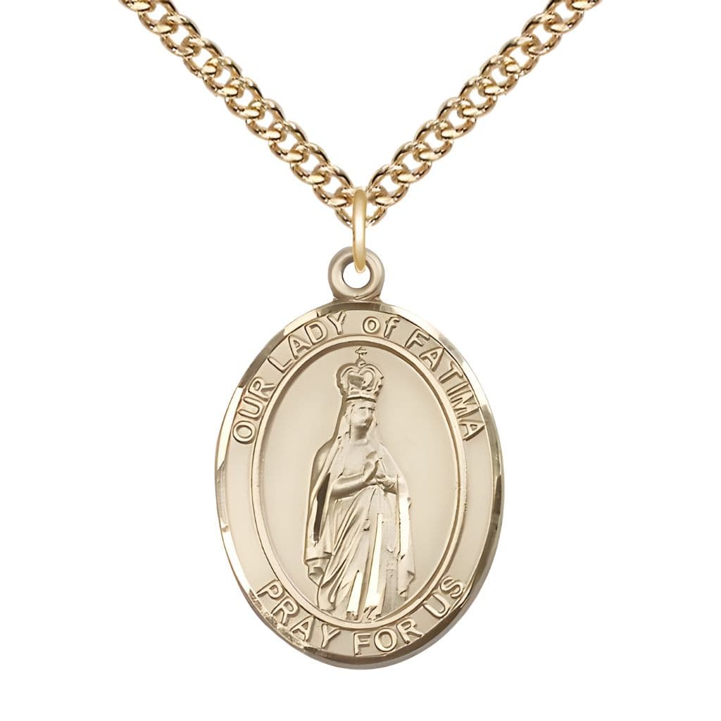 Bliss Our Lady of Fatima 14kt Gold Oval Medal Pendant with 14kt Gold Chain, Measures 1-inch tall by 3/4-inch wide. Deluxe Gift Box.